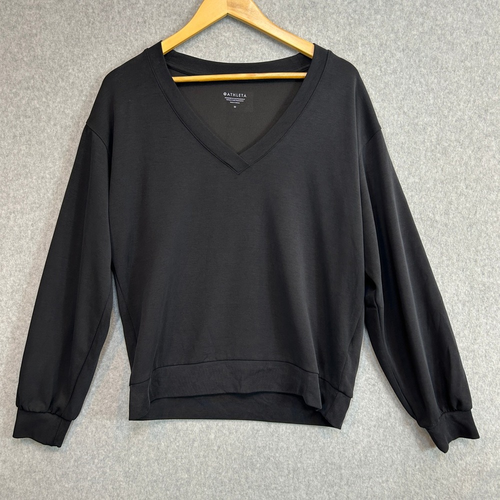 Athleta Willow V-Neck Sweatshirt Black Modal Blend Pullover Womens Size Medium